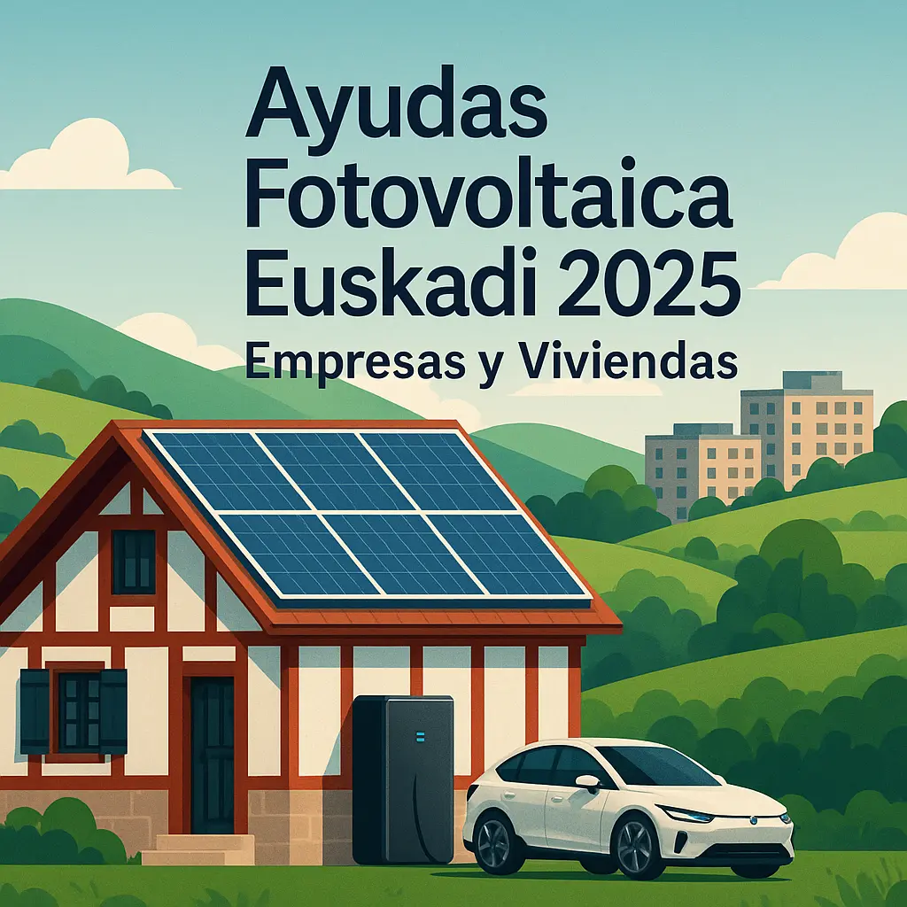 Ilustración de ayudas fotovoltaicas en Euskadi 2025 para empresas y viviendas, con casa solar, coche eléctrico y paisaje vasco
