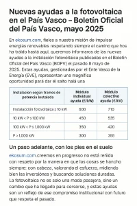 “Resumen de ayudas a la fotovoltaica en el País Vasco 2025, con importes por potencia e instalación individual o colectiva.”